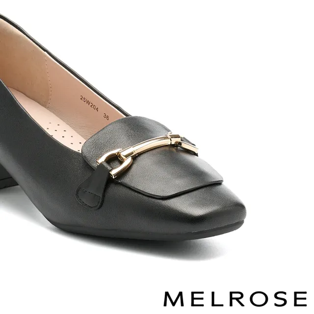 【MELROSE】美樂斯 復古時尚一字釦全真皮樂福方頭高跟鞋(黑)