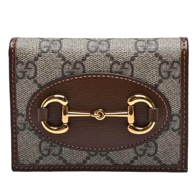 【GUCCI 古馳】經典Horsebit 1955系列Supreme帆布牛皮襯裡暗釦短夾(棕色621887-92TCG-8563)