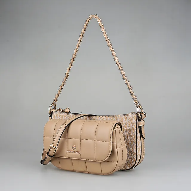 【Michael Kors】MICHAEL KORS 經典LOGO四合一PVC搭縫線牛皮拉鍊釦式手提斜背包(駱駝棕x奶茶棕)