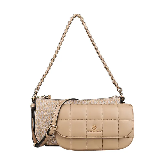 【Michael Kors】MICHAEL KORS 經典LOGO四合一PVC搭縫線牛皮拉鍊釦式手提斜背包(駱駝棕x奶茶棕)