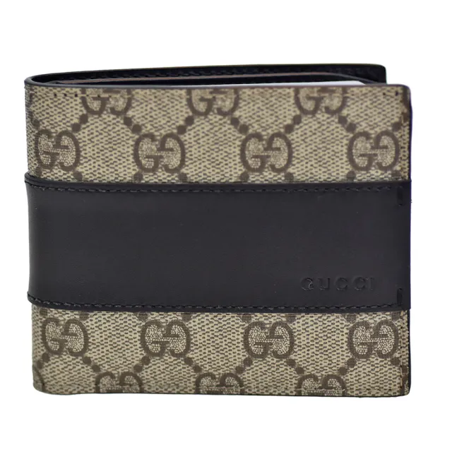 【GUCCI 古馳】經典GG Supreme緹花帆布黑色皮革飾邊折疊短夾(棕/黑451240-KGDHN-9769)
