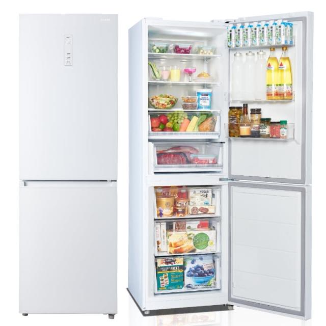 SAMPO聲寶 SR-C35GD 雙門冰箱，右開門設計適合小家庭，寬度≤60公分、深度61-70公分，空間不大卻功能滿分。無霜技術讓清潔超簡單，容量301L-400L 輕鬆收納食材。一級能效標章省電又環保，白色外觀簡約時尚，享有原廠保固安心使用。