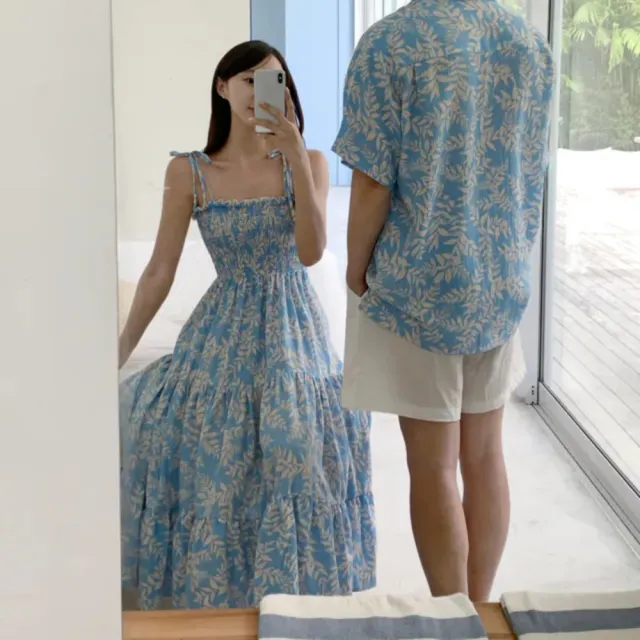 【SeasonsBikini】正韓情侶平口印花連身長洋裝/男款度假上衣-KK03(情侶度假洋裝襯衫)