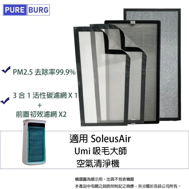 【PUREBURG】適用舒樂氏SoleusAir Umi 吸毛大師空氣清淨機 光觸媒活性碳HEPA前置濾網濾芯