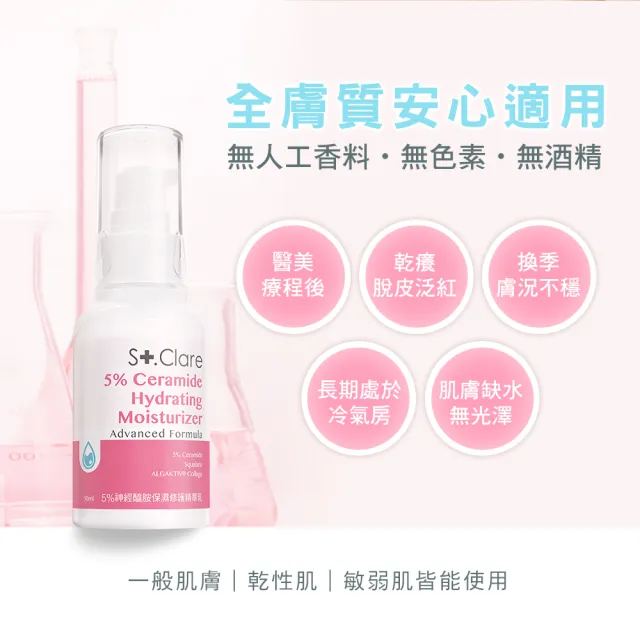 【St.Clare 聖克萊爾】5%神經醯胺保濕修護精華乳50mlx2入組(NMF/角鯊/膠原蛋白/舒緩/醫美療程後適用)
