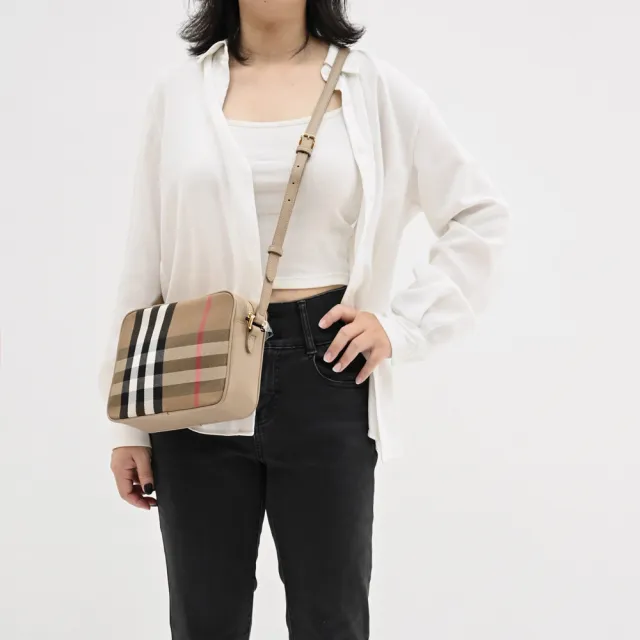 【BURBERRY 巴寶莉】英系經典格紋帆布皮革拼接背方包斜背包(淺褐邊 23.5cm)