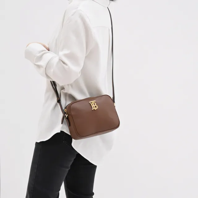 【BURBERRY 巴寶莉】簡約金屬TB LOGO素雅小牛皮相機包斜背包(咖)