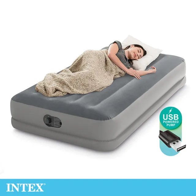 【INTEX 原廠公司貨】雙層單人加大充氣床-寬99cm-USB電源-內建電動幫浦(64112)