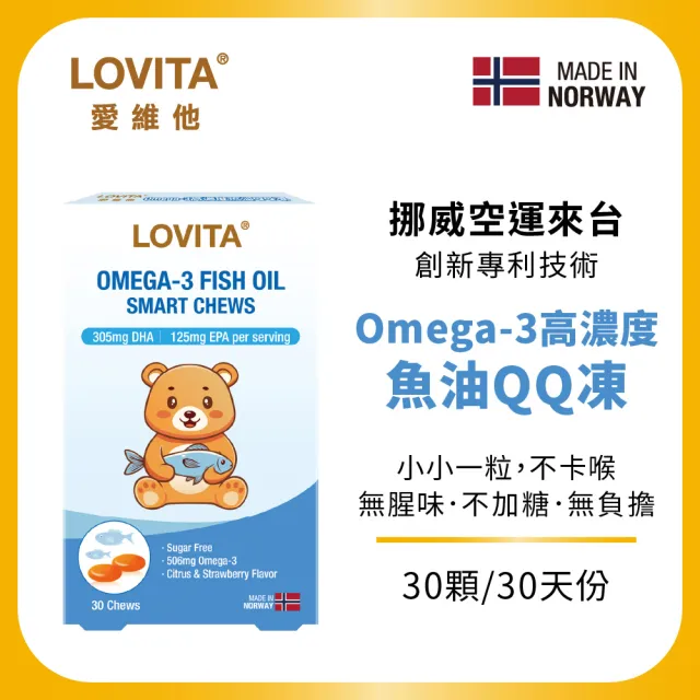 即期品【LOVITA 愛維他】Omega-3高濃度魚油QQ凍*1盒 30顆/盒(兒童魚油 DHA 挪威Concordix 專利 好吸收 無魚