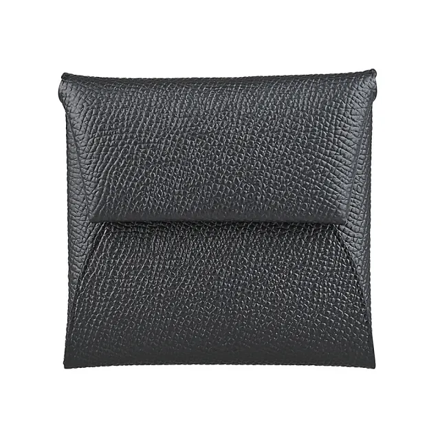 【Hermes 愛馬仕】HERMES Bastia 內裡烙印LOGO粒面小牛皮壓釦方形零錢包(黑)