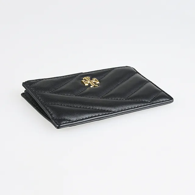 【TORY BURCH】TORY BURCH Kira 黃銅T字LOGO壓紋小牛皮搭尼龍4卡拉鍊零錢卡夾包(黑)