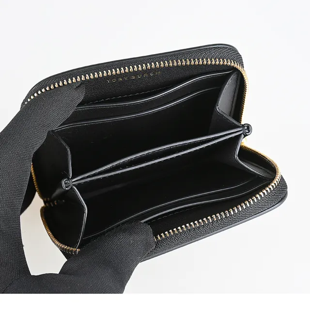 【TORY BURCH】TORY BURCH Ella Bio 皮革T字LOGO霧面牛皮4卡拉鍊零錢包(小/黑)