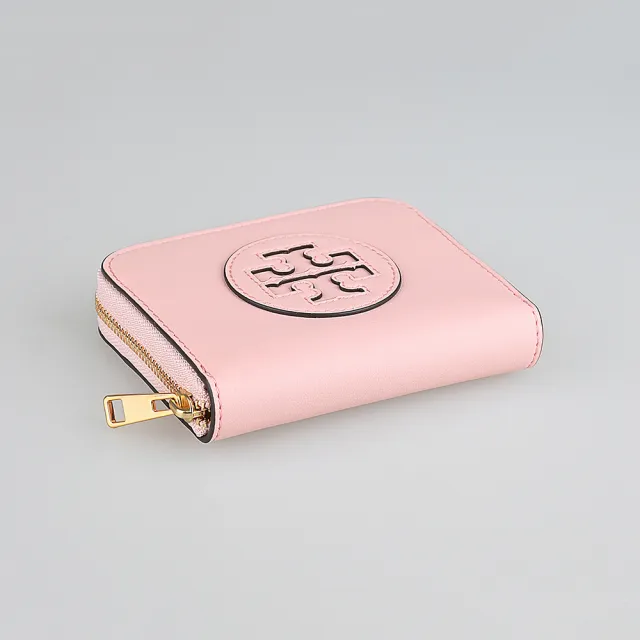 【TORY BURCH】TORY BURCH Ella Bio 皮革T字LOGO霧面牛皮4卡拉鍊零錢包(小/腮粉紅)