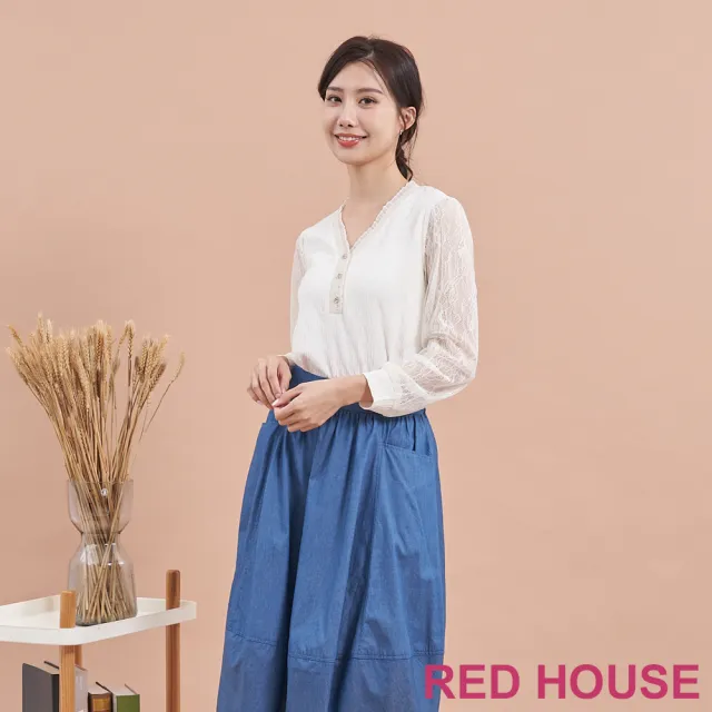 【RED HOUSE 蕾赫斯】氣質蕾絲袖拼接V領上衣(共2色)