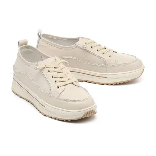 【MELROSE】美樂斯 簡約閃鑽彈性鞋帶金蔥布拼接牛皮厚底休閒鞋(米)