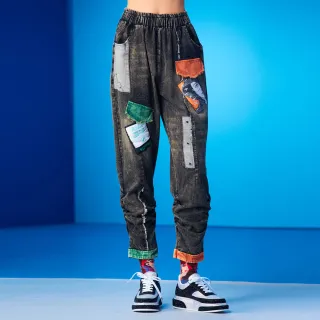 【GLORY21】速達-網路獨賣款-左右異色立體抓褶剪裁哈倫褲(黑色)