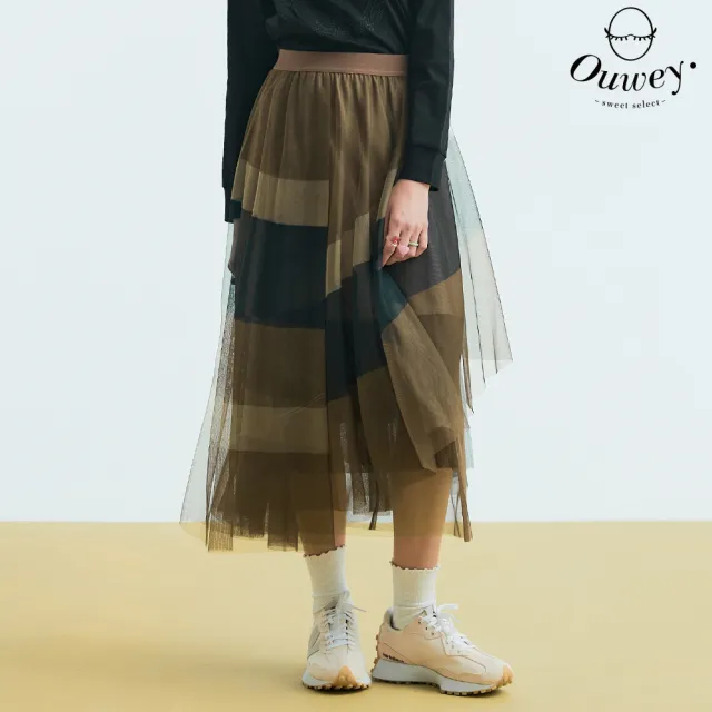 【OUWEY 歐薇】層次感撞色線條網紗長裙(咖色；S-L；3233322227)