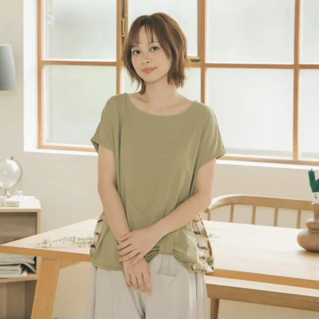 【MOSS CLUB】異材質手繪感拼接蝙蝠袖T恤(淺綠 卡 杏/魅力商品)