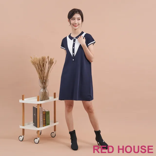 【RED HOUSE 蕾赫斯】學院風配色小翻領長版針織衫(共2色)