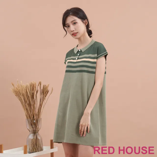【RED HOUSE 蕾赫斯】休閒配色條紋長版針織衫(綠色)