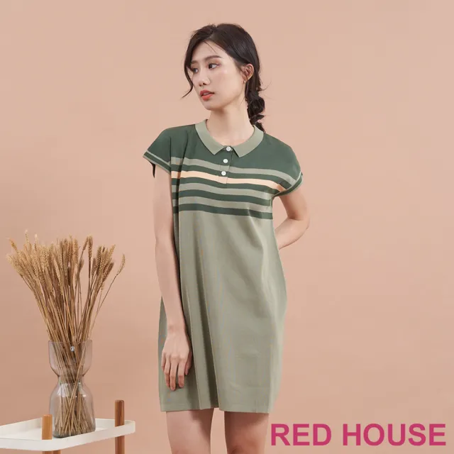 【RED HOUSE 蕾赫斯】休閒配色條紋長版針織衫(綠色)