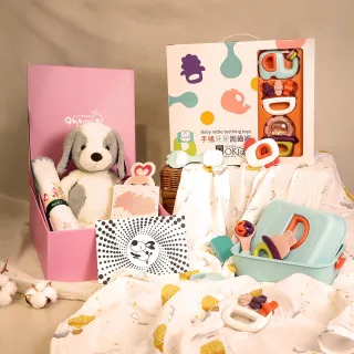 【Qbibiya】豪華禮盒-一暝大一吋-固齒器+包巾+安撫娃娃+十層紗萬用巾(滿月禮盒彌月禮盒新生兒)