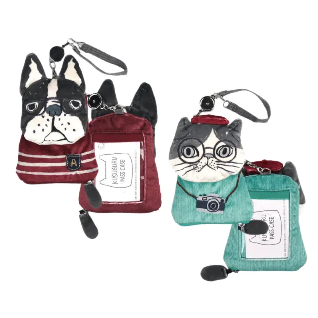 【Kusuguru Japan】日本眼鏡貓 票卡夾 零錢包 刺繡絨毛立體造型伸縮卷線票卡包 -Animal Mo