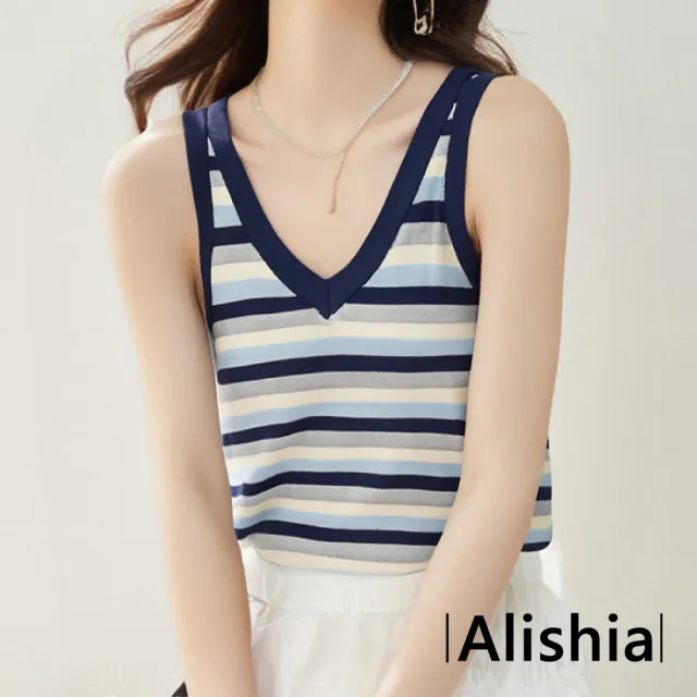 【Alishia】撞色V領無袖針織背心上衣 S-XL(藍色)