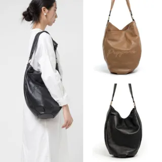 【PEPPER’S】交換禮物 SIGNAL 牛皮刺繡抓皺水桶軟包-焦糖棕/簡約黑/暖棕橘(真皮包包 水桶包 斜背包)