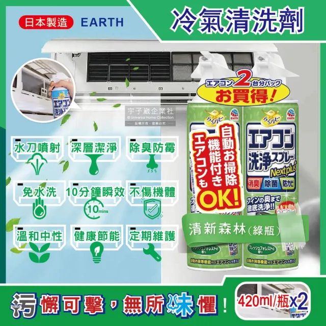 【Earth】日本EARTH地球製藥-NextPlus+免水洗10分鐘瞬效除臭防霉芳香冷氣清潔劑(清新森林-綠瓶420mlX2瓶組)