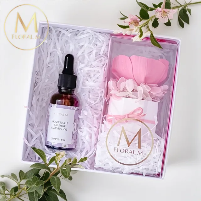 【Floral M】法式小野玫香氛擴香花禮盒 含30ml品牌香氛油(居家香氛/香水精油/香氛擴香花/擴香禮物/送禮)