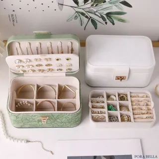 【Porabella】花紋皮革首飾盒｜印花設計｜雙層大容量收納｜鎖扣安全｜耳環戒指項鍊收納好幫手