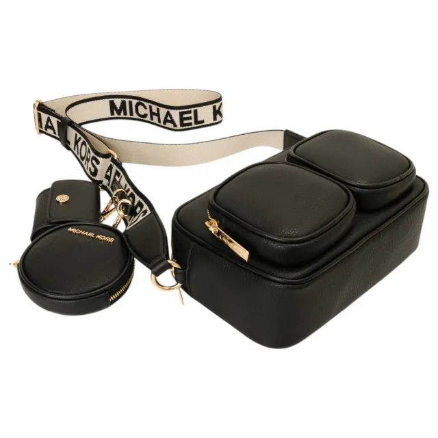 【Michael Kors】金字荔枝紋皮革附零錢包斜背包 S(黑)