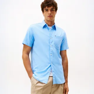 【TOMMY HILFIGER】官方旗艦館棉麻短袖襯衫_藍色
