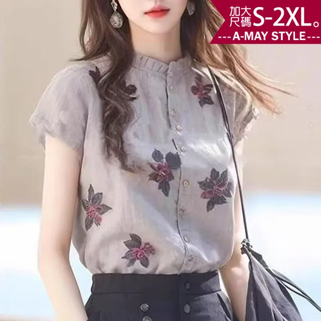【Amay Style 艾美時尚】中大尺碼女裝 上衣 別緻花卉小立領優雅印花短袖襯衫。S-2XL(印花.預購)