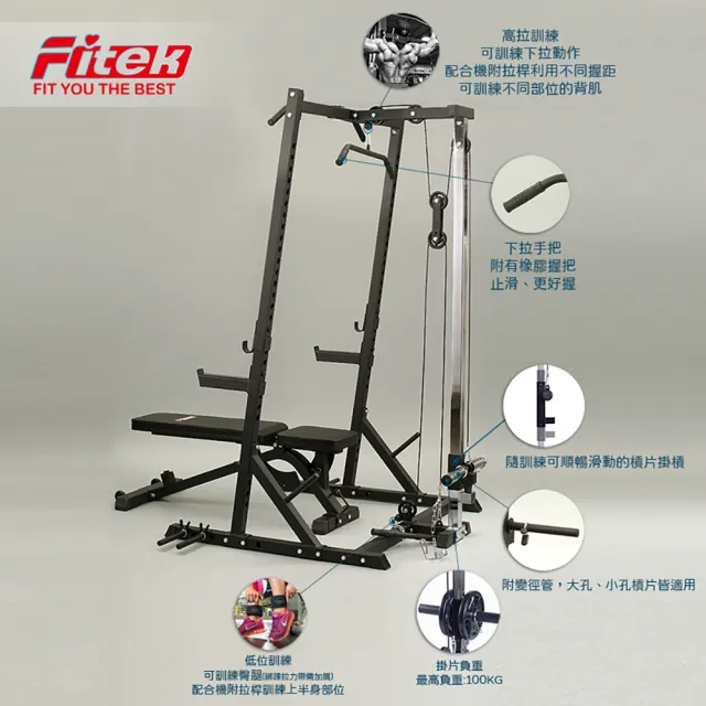 【Fitek】三合一 深蹲架 附滑輪機+可調舉重椅-附有變徑管/ 臥推架(引體向上／重訓架／重訓椅)