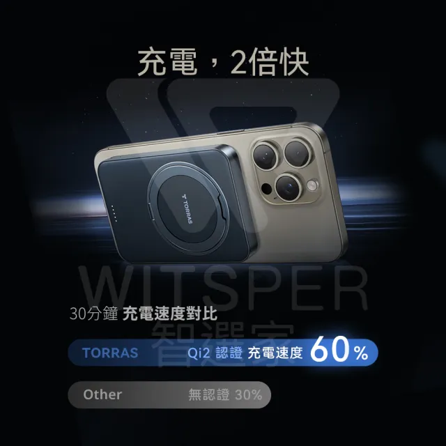 【TORRAS 圖拉斯】60W CC充電線組★Ostand Qi2 10000mAh MagSafe超薄磁吸旋轉支架行動電源(具Wh標示)