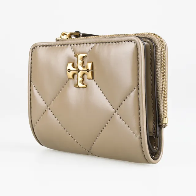 【TORY BURCH】TORY BURCH Kira 金屬T字LOGO菱格納帕皮革內襯帆布扣式拉鍊零錢短夾(灰褐)