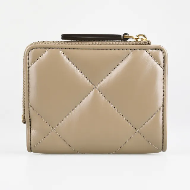 【TORY BURCH】TORY BURCH Kira 金屬T字LOGO菱格納帕皮革內襯帆布扣式拉鍊零錢短夾(灰褐)