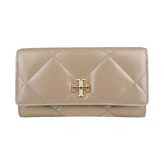 【TORY BURCH】TORY BURCH Kira 鍍金T字LOGO皮革搭帆布內襯翻蓋磁吸扣式長夾(灰褐)
