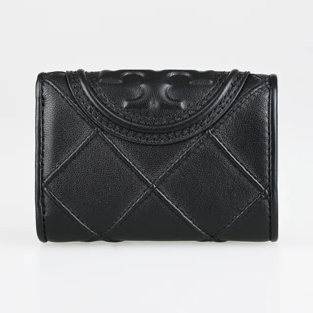 【TORY BURCH】TORY BURCH Fleming 立體T字LOGO菱格壓紋納帕皮革翻蓋扣式短夾(黑)