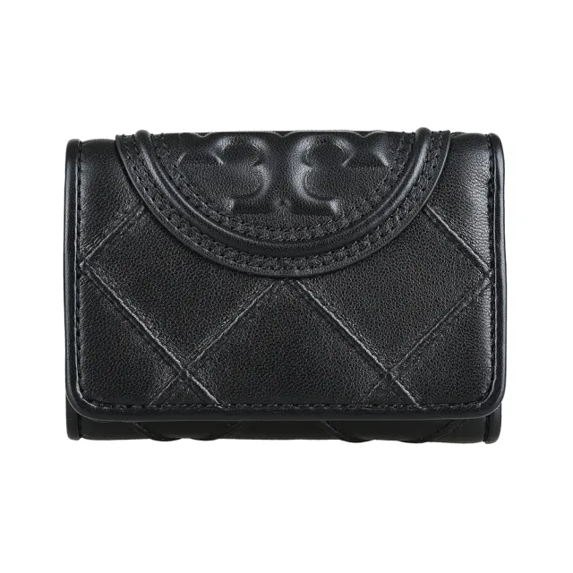 【TORY BURCH】TORY BURCH Fleming 立體T字LOGO菱格壓紋納帕皮革翻蓋扣式短夾(黑)