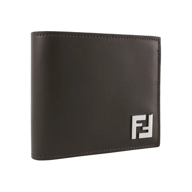 【FENDI 芬迪】銀色FF Logo 皮革拼接塗層帆布對開8卡短夾(綠色/棕色)