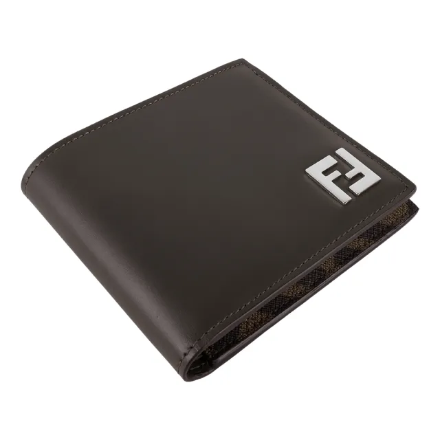 【FENDI 芬迪】銀色FF Logo 皮革拼接塗層帆布對開8卡短夾(綠色/棕色)