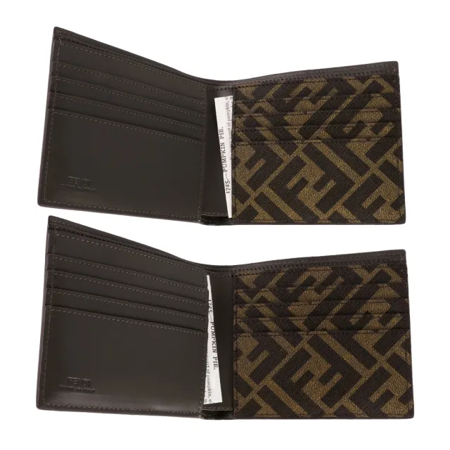 【FENDI 芬迪】銀色FF Logo 皮革拼接塗層帆布對開8卡短夾(綠色/棕色)