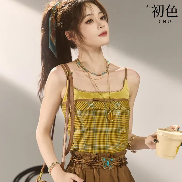 【初色】甜美風拼接格紋不規則花邊下擺短版方領吊帶背心女背心-黃色-14639(M/L可選)