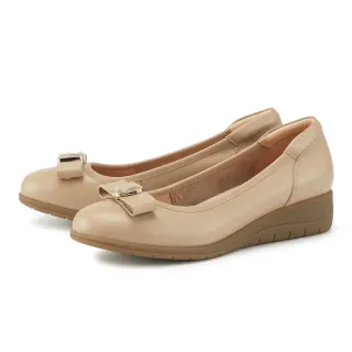 【MAGY】柔雅蝴蝶結牛皮厚底楔型鞋(裸色)