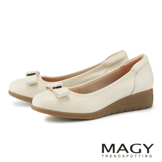 【MAGY】柔雅蝴蝶結牛皮厚底楔型鞋(米色)