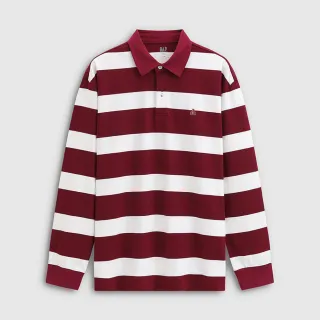 【GAP】男裝 純棉小熊刺繡長袖POLO衫-紅色條紋(788327)