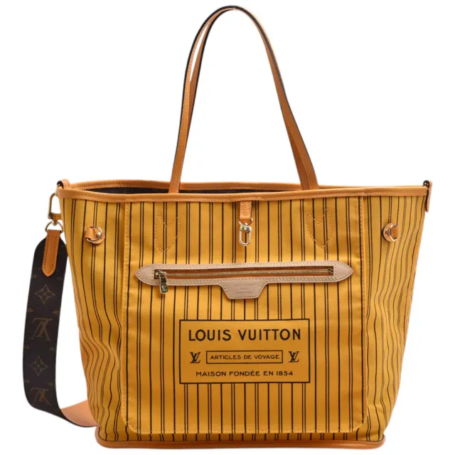 【Louis Vuitton 路易威登】M12779 Neverfull Bandoulière Inside Out MM帆布雙面手提/斜背包(棕/黃色)